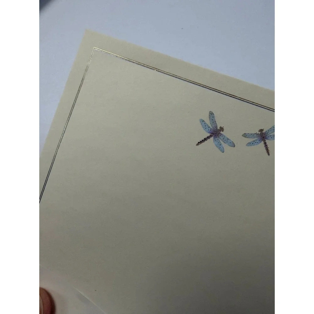 New Peter Pauper Press Stationery Set Cream Blue Dragonfly Motif Gold Foil